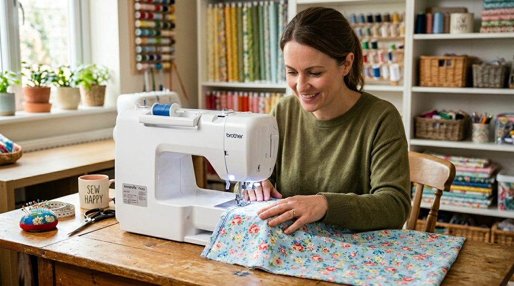 Woman happily sewing on a machine in a craft room